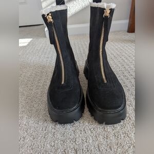 H&M Black Suede Combat Boots with Gold Zipper
